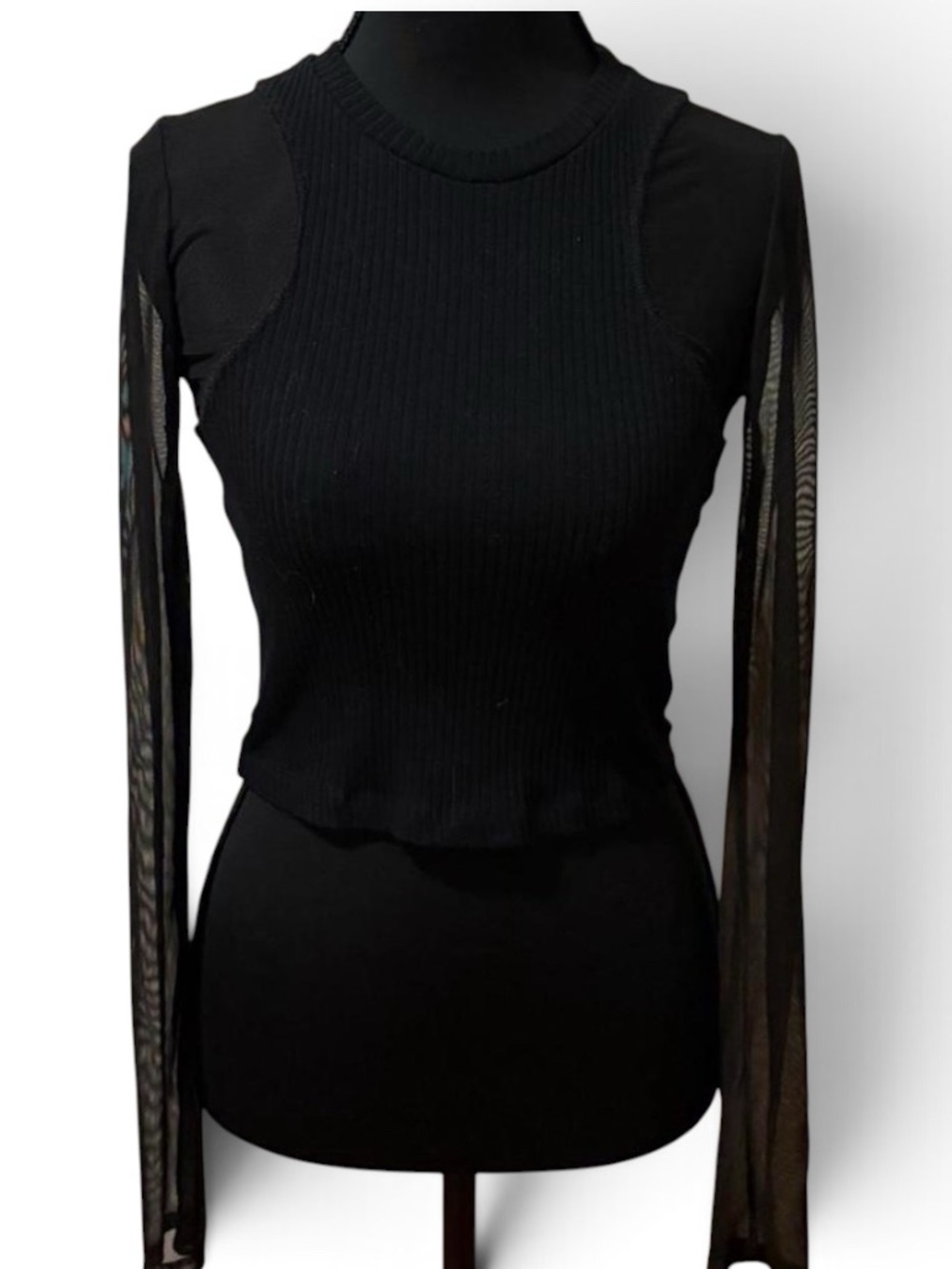 ZARA Black Mesh-Sleeve Ribbed crop Top